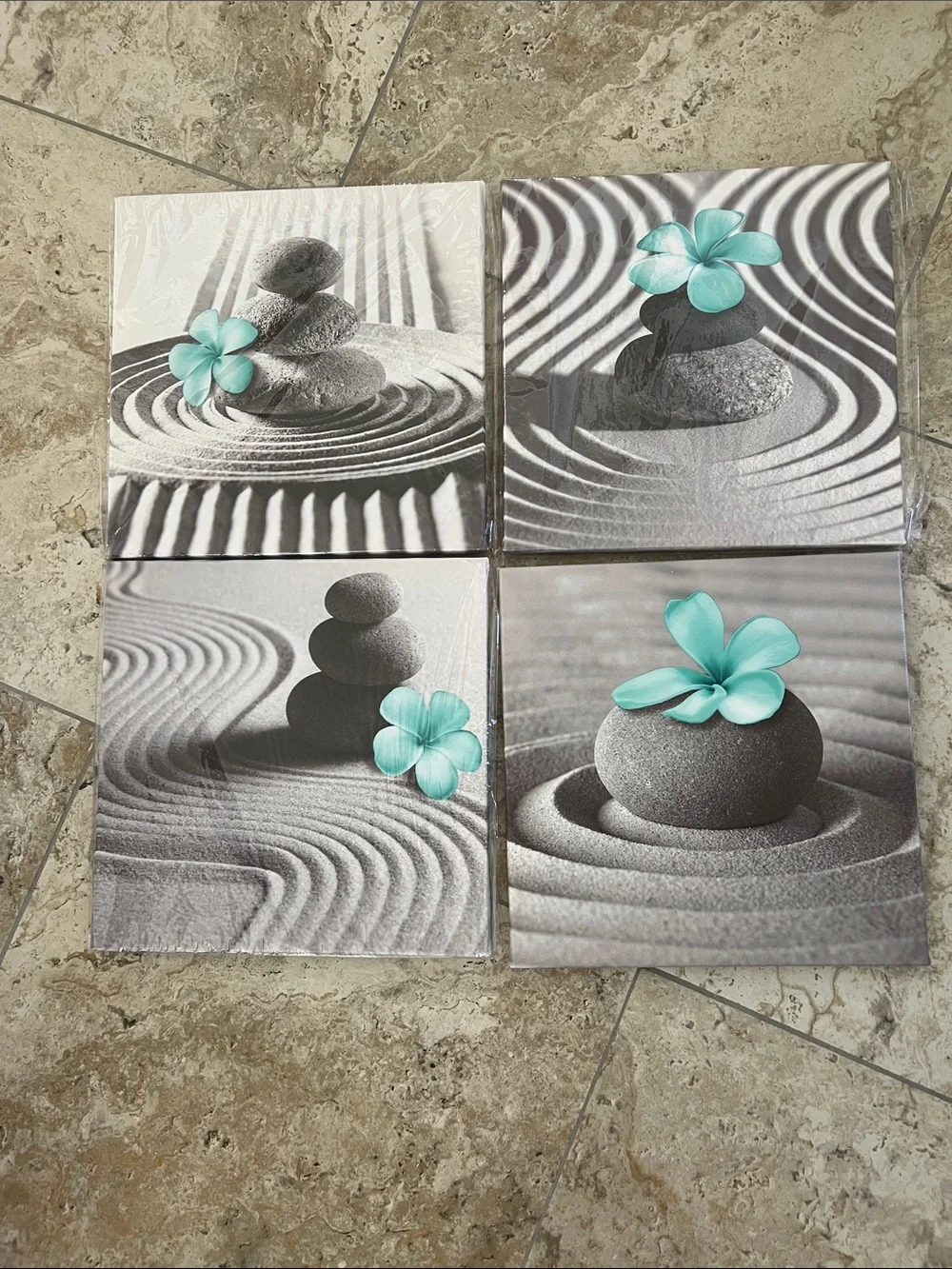 Zen Stone Wall Art Set with Teal Flower – Home Bath- set of 4 - 12”x12”